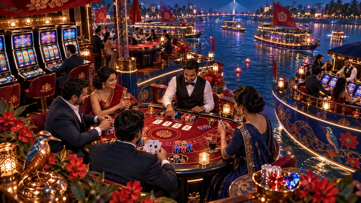 CK444 বাংলাদেশ রিভারবোট ক্যাসিনো গেম — হাই-টেক মোবাইল গেমিং লাউঞ্জে, আলোকিত চিপ ও রত্নের ঝলক — চিত্র 1