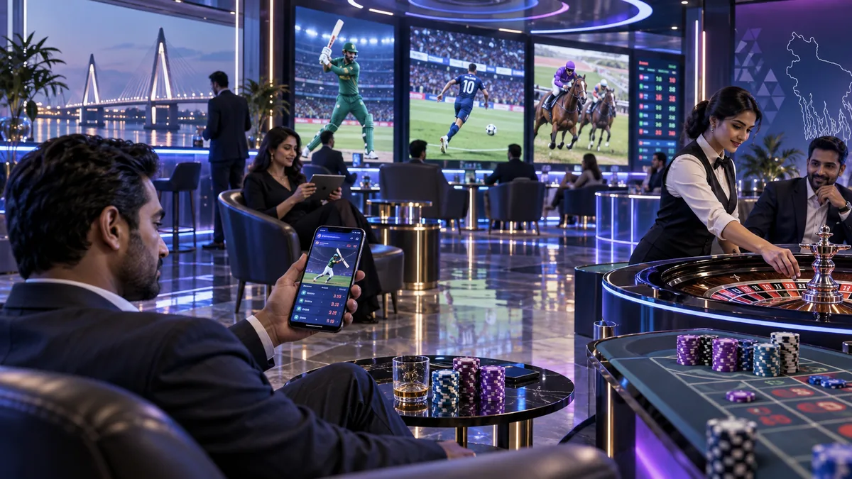 CK444 Bangladesh multi-sport betting in high-tech mobile gaming lounge, featuring reflective floors and depth - image 1