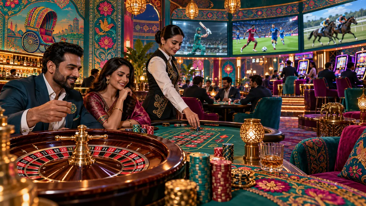 CK444 Bangladesh multi-sport betting in colorful rickshaw-art casino interior, featuring rich foreground props and distant gaming zones - image 1
